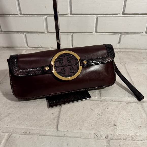 TORY BURCH | Snakeskin Trim Brown Leather Baguette Clutch Wristlet | VINTAGE - Picture 1 of 12